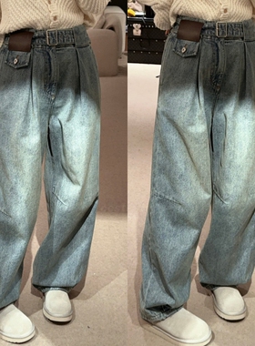 ccstations腰咖皮牌卡扣下脚捏褶牛仔裤