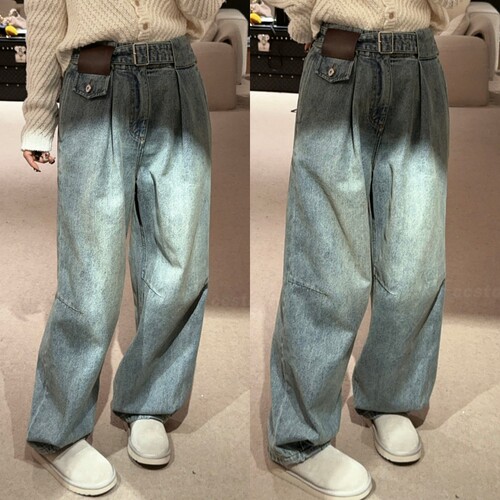 ccstations腰咖皮牌卡扣下脚捏褶牛仔裤