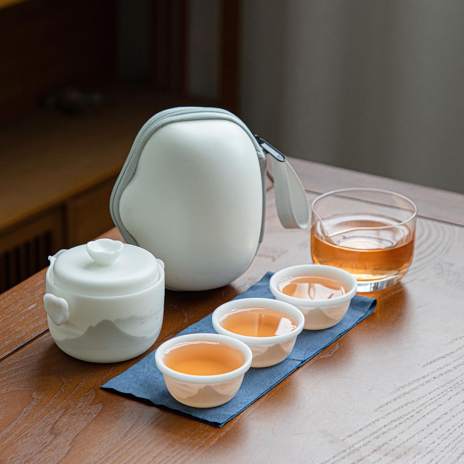 日本羊脂玉快客杯旅行茶具一壶三杯便携式随身携带户外茶壶公道杯