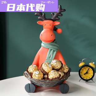 日本轻奢创意前台创意托盘鹿摆件玻璃放糖果收纳糖果盘零食钥
