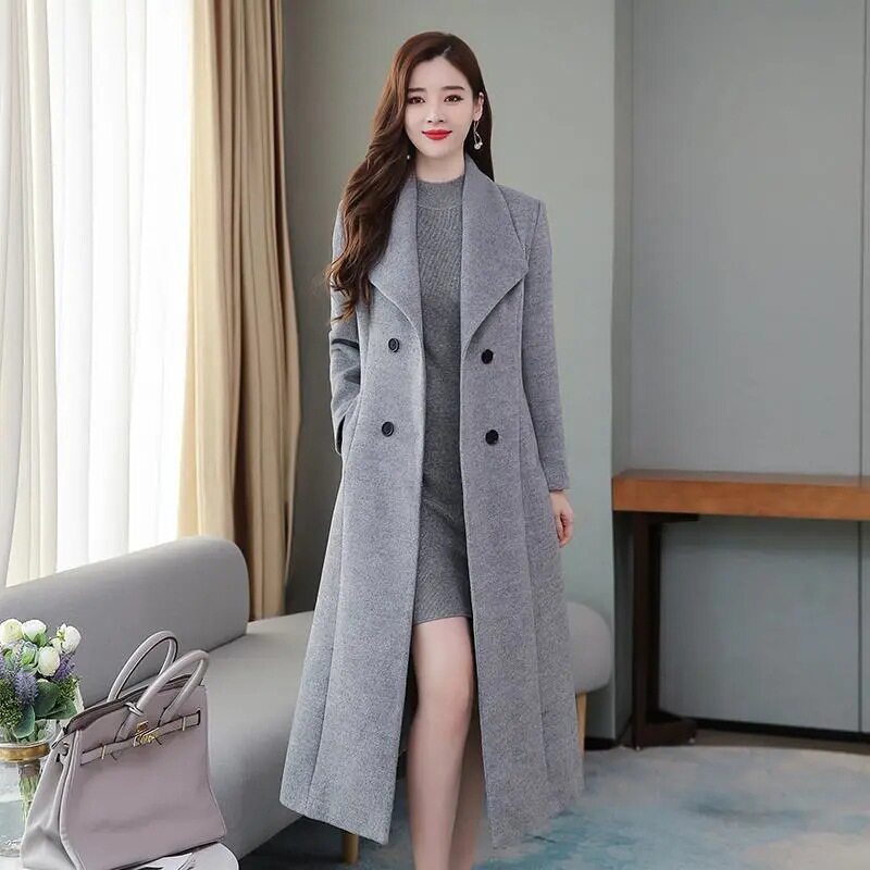 灰色双排扣毛呢大衣女过膝外套