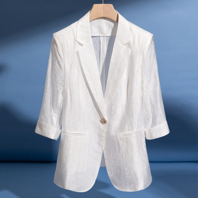 【专柜品质】高端白色醋酸小西服外套女夏季薄款一粒扣休闲女上衣