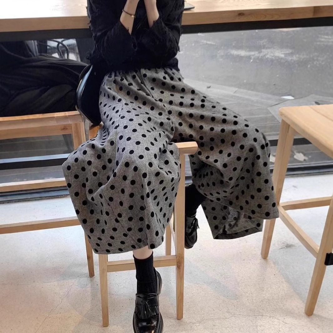 高级复古植绒波点裤子七分阔腿裤女2025秋冬季裙裤高腰宽松休闲裤