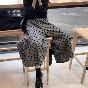 高级复古植绒波点裤子七分阔腿裤女2025秋冬季裙裤高腰宽松休闲裤