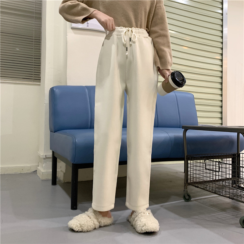 Real shot winter new style plush plush woolen warm straight tube casual pants