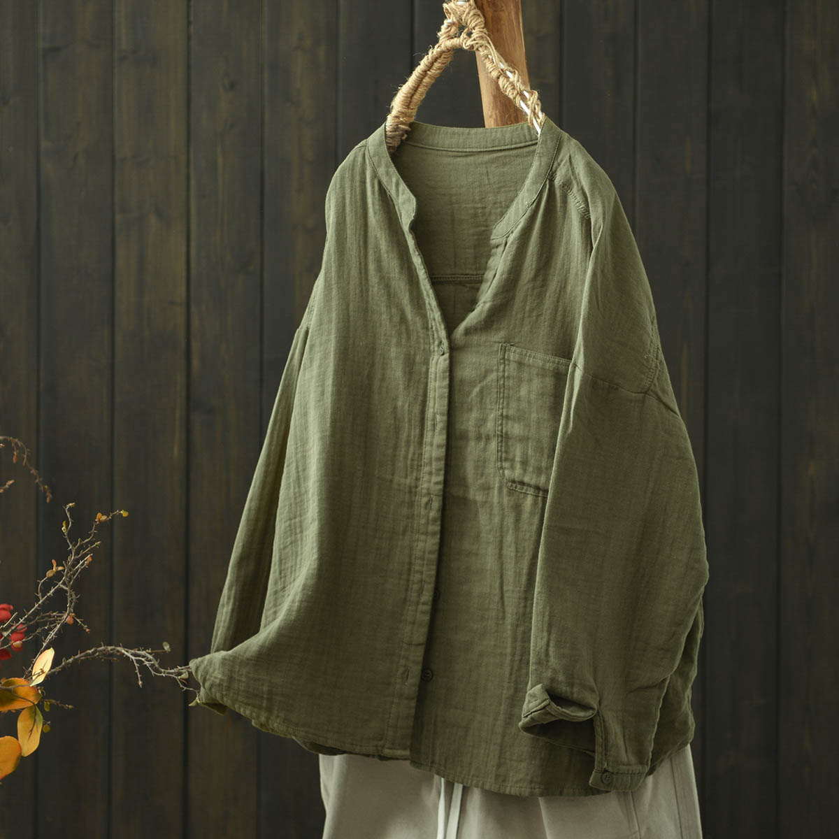 简约双层棉纱衬衫女长袖宽松