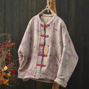 默念民族风印花夹棉保暖短外套上衣女2025冬款 宽松复古棉服棉衣
