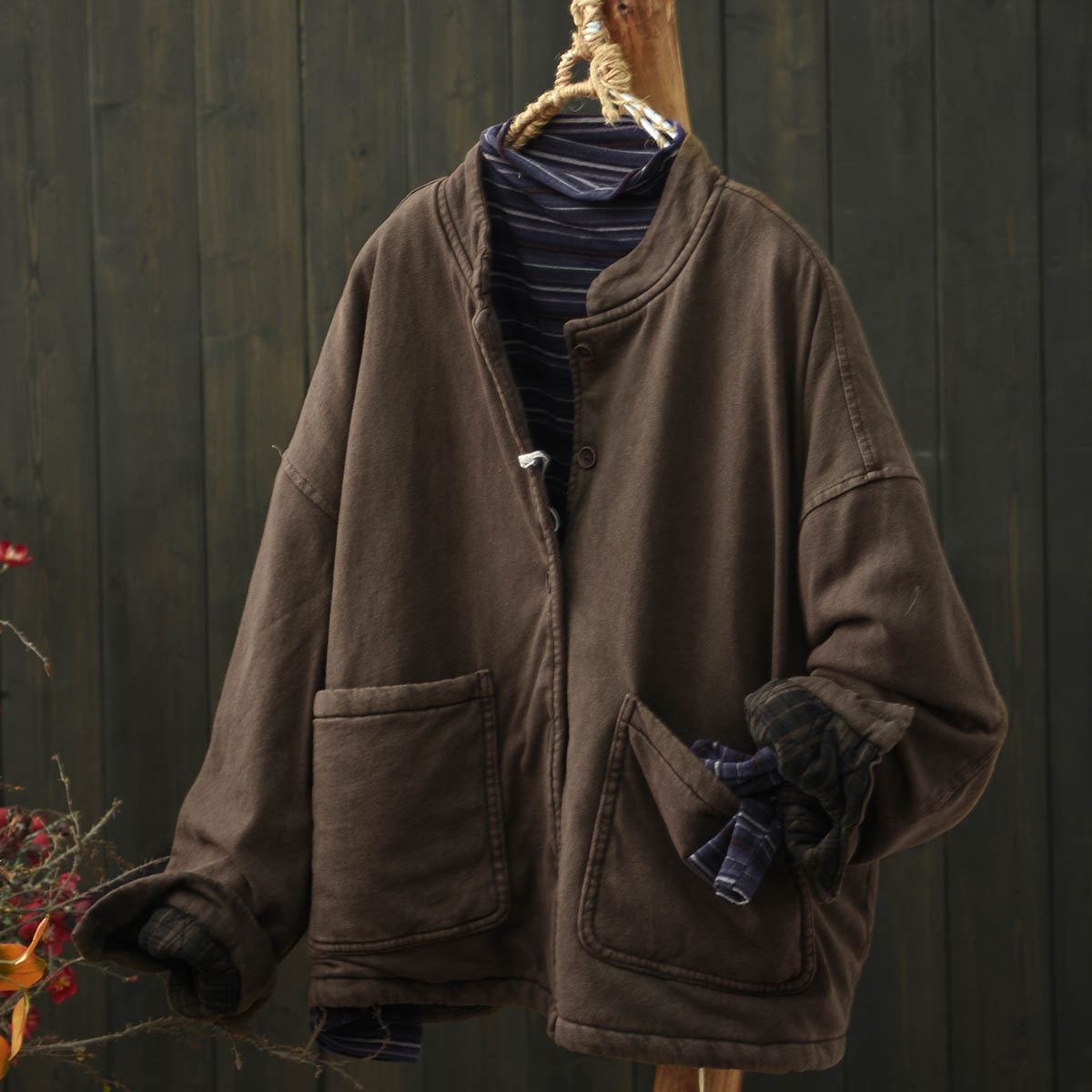 做旧针织夹棉加厚外套棉服女宽松