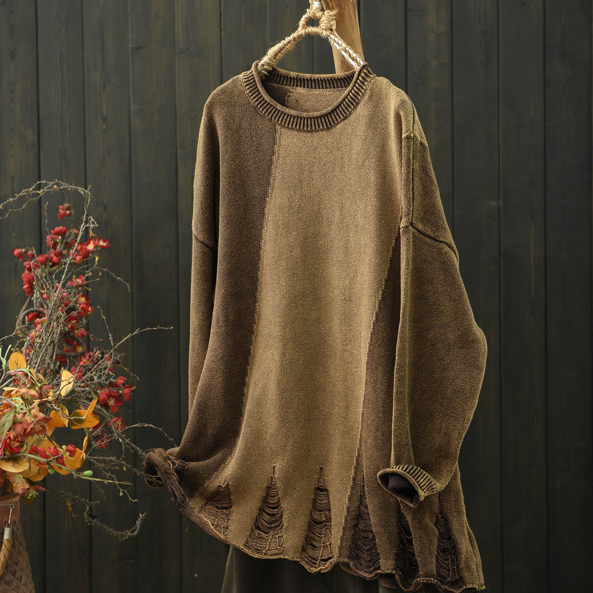 做旧染色毛衣中长款打底衫女秋冬