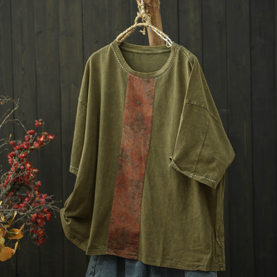 印花拼接炒色做旧大码棉T恤女