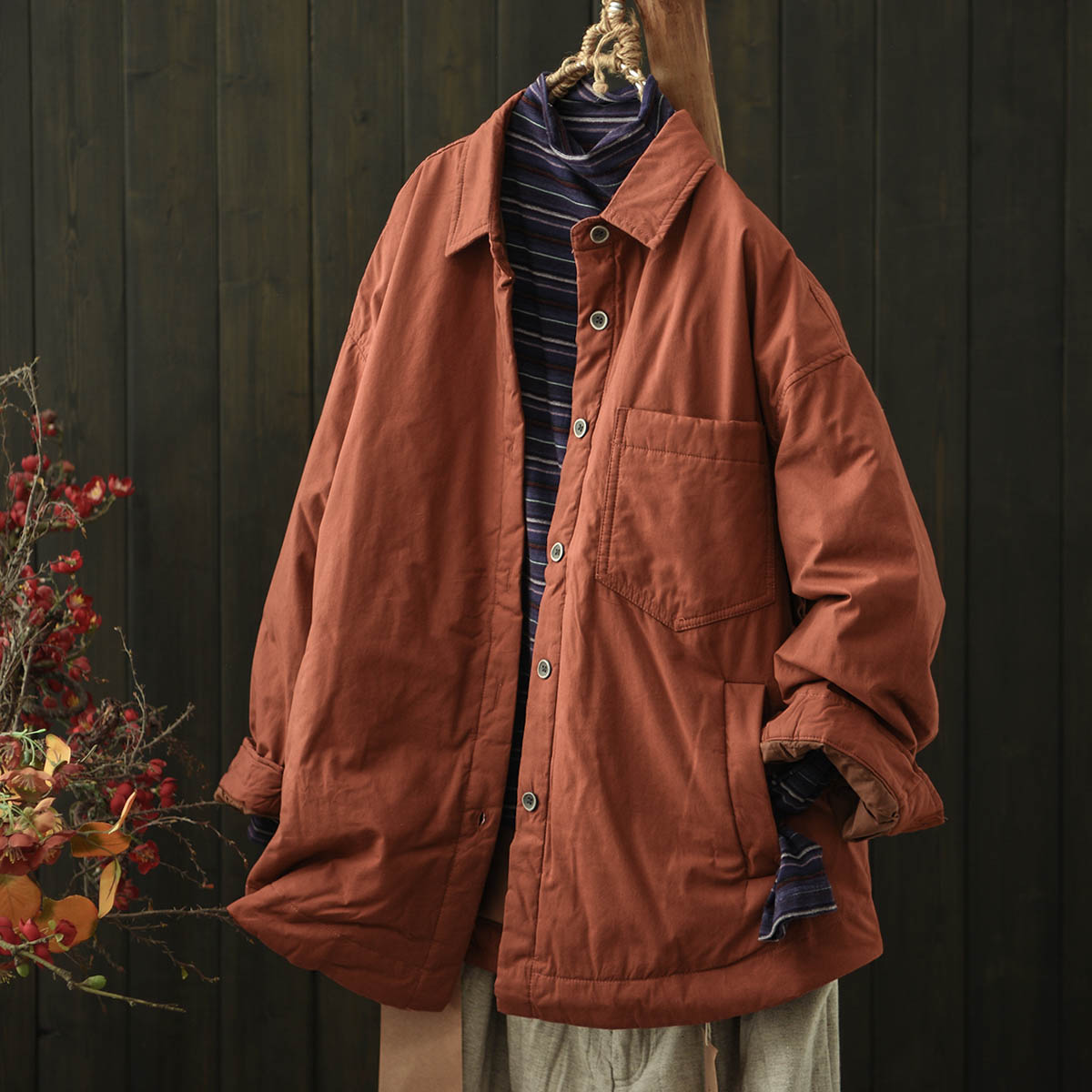 翻领夹棉薄棉系扣上衣棉衣女中长