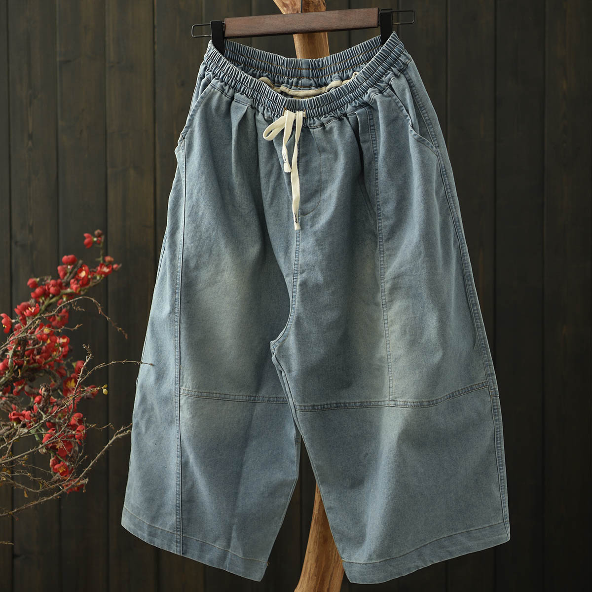 默念文艺磨白拼接薄款柔软牛仔裤女夏季松紧腰大码宽松阔腿裤七分