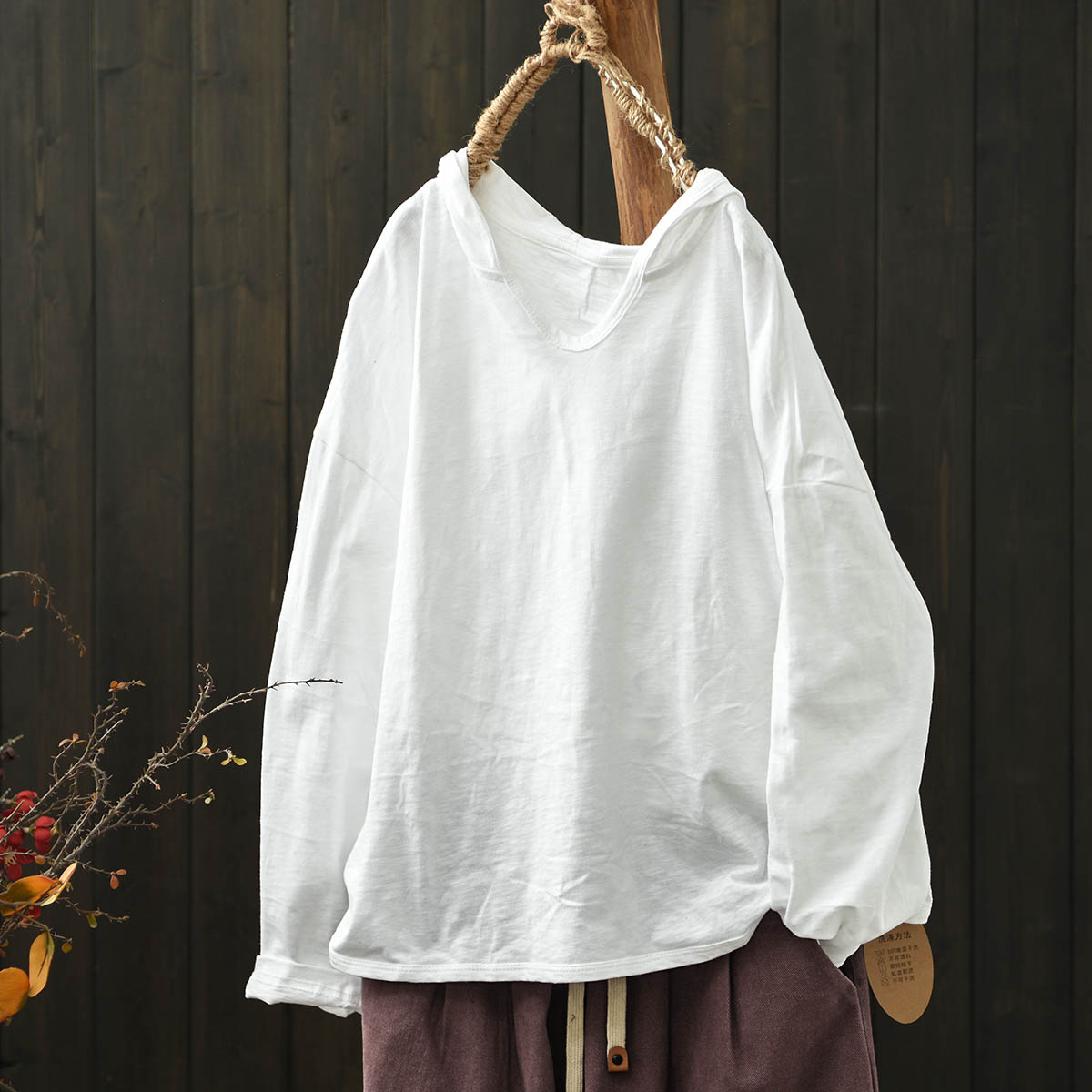默念文艺森女竹节棉纯色连帽T恤女长袖秋宽松大码套头上衣打底衫