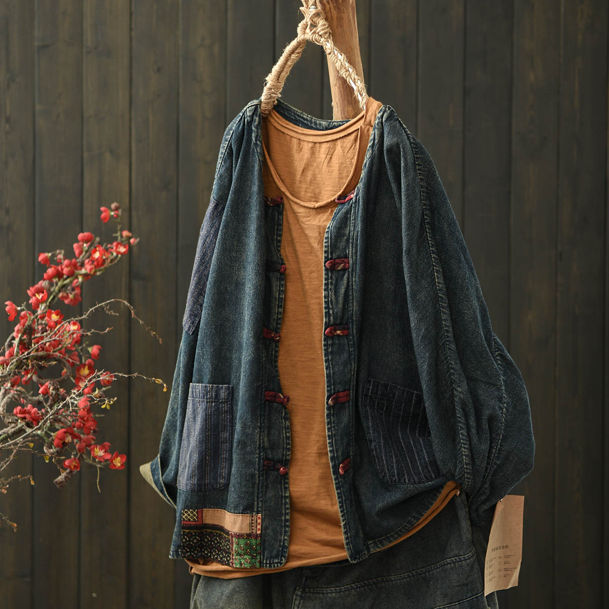 民族风盘扣贴布做旧牛仔短外套女