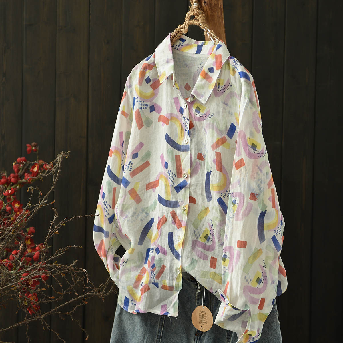 默念文艺森女翻领苎麻印花透气衬衫女长袖新款宽松系扣上衣打底衫