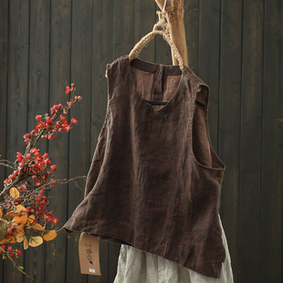 上衣套头打底 宽松无袖 默念复古做旧印花圆领亚麻马甲女夏季 薄款