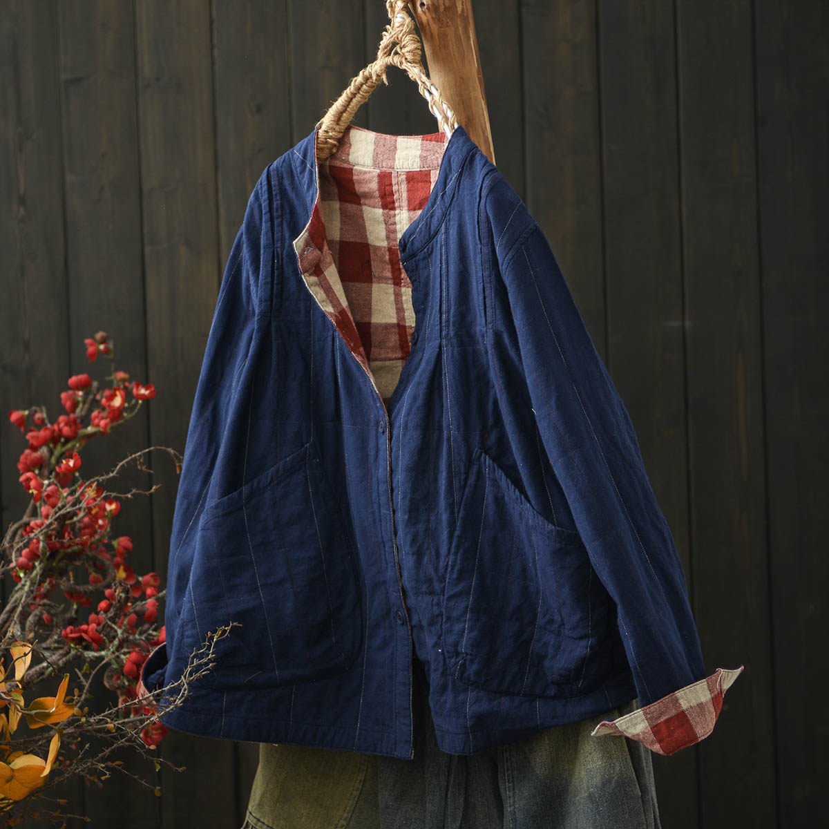 默念文艺立领双层棉麻长袖短外套女2025春秋宽松系扣上衣开衫