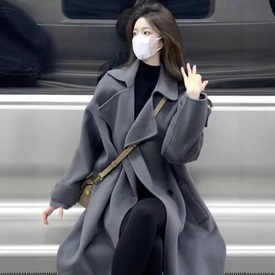 灰色双面羊绒呢子大衣女