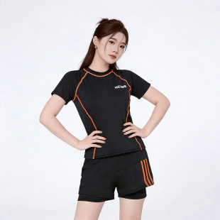 平角专为胖 设计温泉海边度假 女分体显瘦泳衣保守短袖 大码