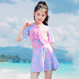 中小童初中生度假泳装 连体卡通拼色公主裙式 新款 儿童泳衣女童夏季
