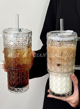 带把手超大容量吸管杯宝石纹巨无霸高颜值办公室咖啡水杯子玻璃杯