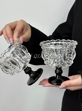 小众轻奢复古黑色水晶冰淇淋高脚杯高颜值浮雕甜品杯家用饮品杯子