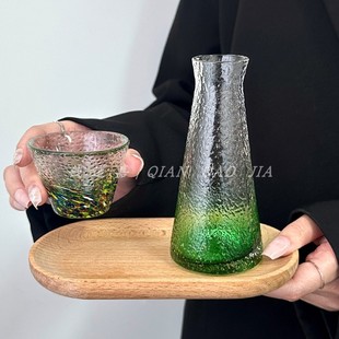 新款日式绿金箔底清酒壶家用一人套装精致玻璃小酒杯托盘清酒酒具