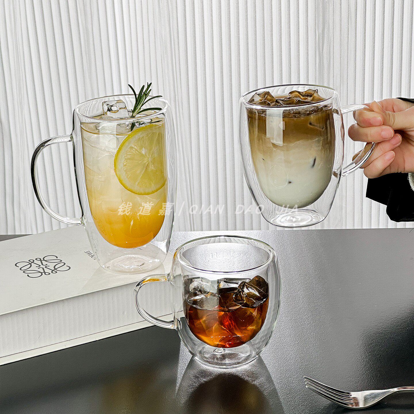 高颜值创意带把手双层玻璃杯高硼硅耐热咖啡杯新款果汁杯防烫茶杯