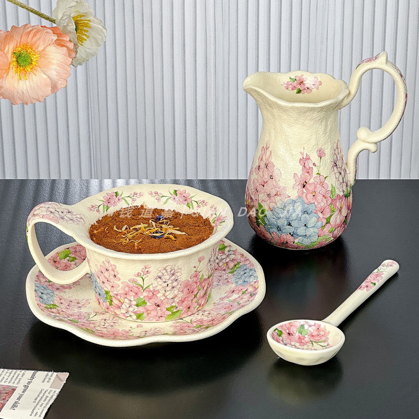 复古高颜值陶瓷杯咖啡杯套装牛奶壶设计感磨砂花卉马克杯拿铁杯