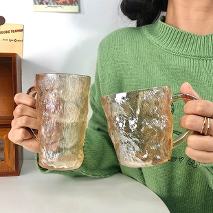 新款 ins风冬季 带把冰川纹家用早餐杯牛奶咖啡杯简约清森系喝水杯