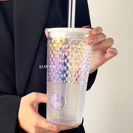 玻璃吸管杯大容量带盖带吸管杯办公室夏季高颜值女王杯奶茶水果杯