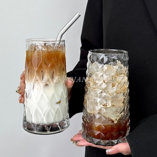 ins风复古高颜值钻石咖啡杯水果茶杯玻璃杯饮料牛奶拿铁气泡水杯