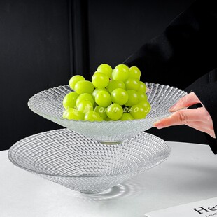 轻奢高档浮雕大号水果盘客厅家用水晶玻璃糖果盘前台茶几坚果盘