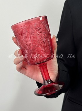 ins风复古红树叶高脚玻璃杯女高颜值家用红酒杯果汁饮料鸡尾酒杯