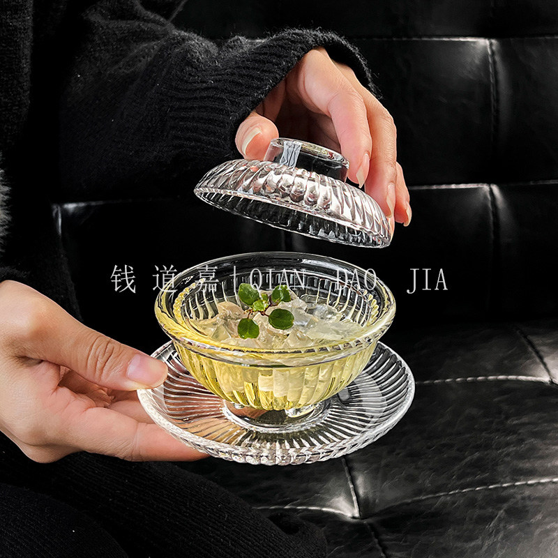钱道嘉玻璃新中式通用带盖茶盏杯
