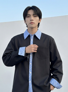 现货 高级感小众设计拼接衬衫男痞帅纯色宽松潮流衬衣 S1858-P68