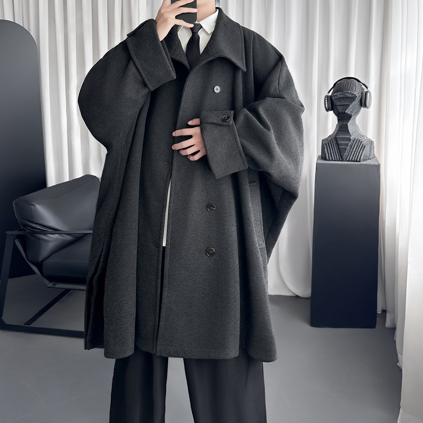 黑色宽松中长款外套高领斗篷开叉大衣F9135-P138，女装短外套，星座1017