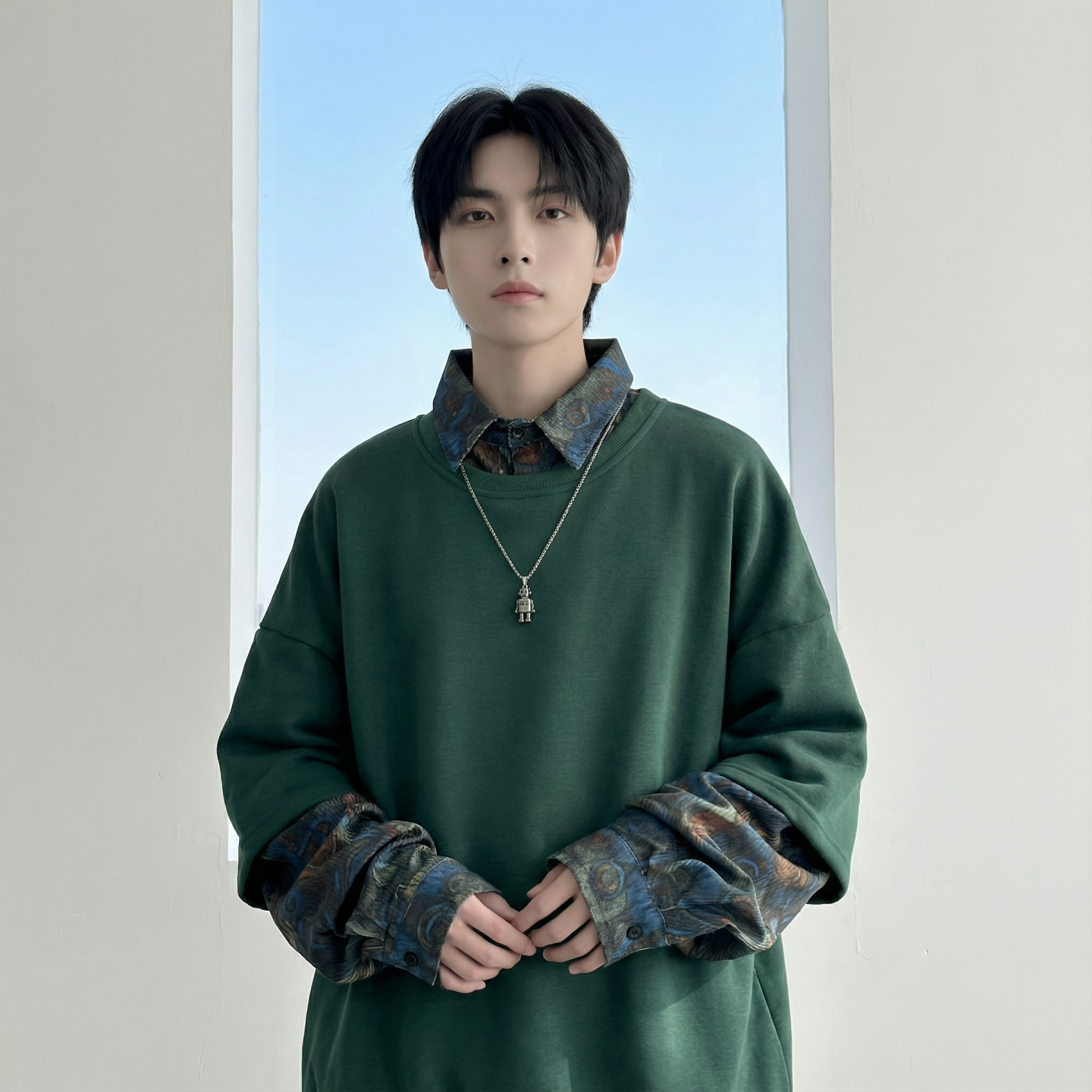 现货慵懒假两件衬衫领卫衣日系情侣碎花上衣A881-P65，男装衬衫，星座1017