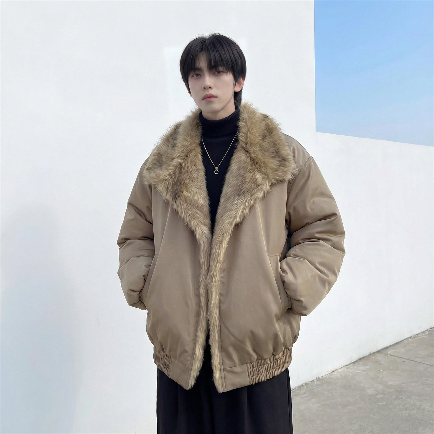 现货冬季大毛领加厚夹棉黑锻拼接棉服外套M1654-P168，男装棉衣，星座1017