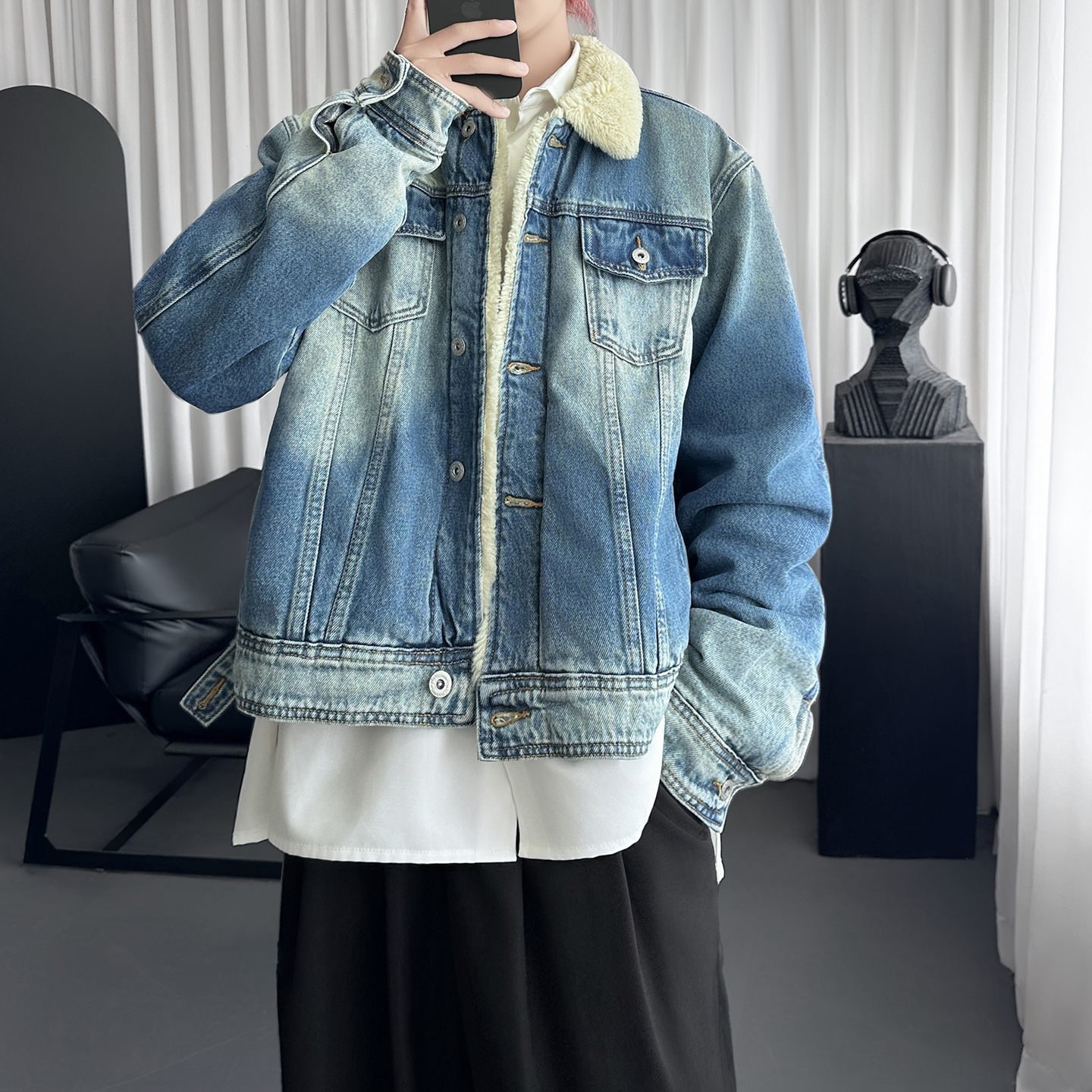 做旧羊羔绒丹宁牛仔外套格纹拼接保暖棉服夹克Q2053-P138,男装工装外套,星座1017 做旧羊羔绒丹宁牛仔外套格纹拼接保暖棉服夹克Q2053-P138,男装工装外套,星座1017