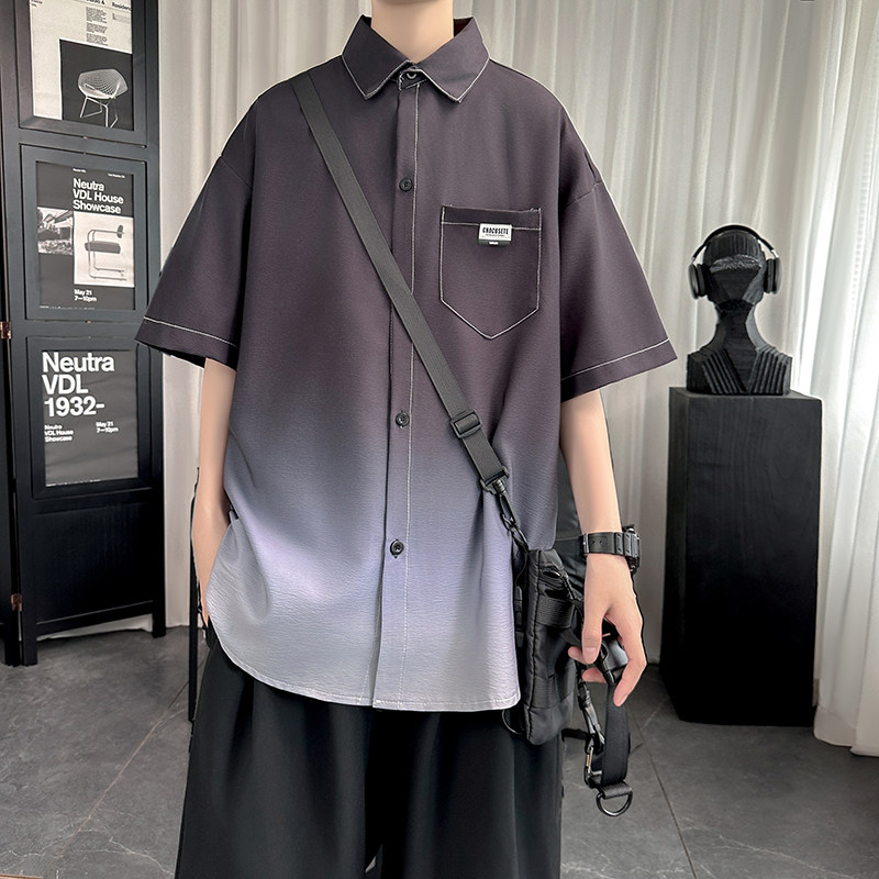 大码港风痞帅短袖水洗褶皱渐变休闲衬衫DS439-P45,男装T恤,星座1017