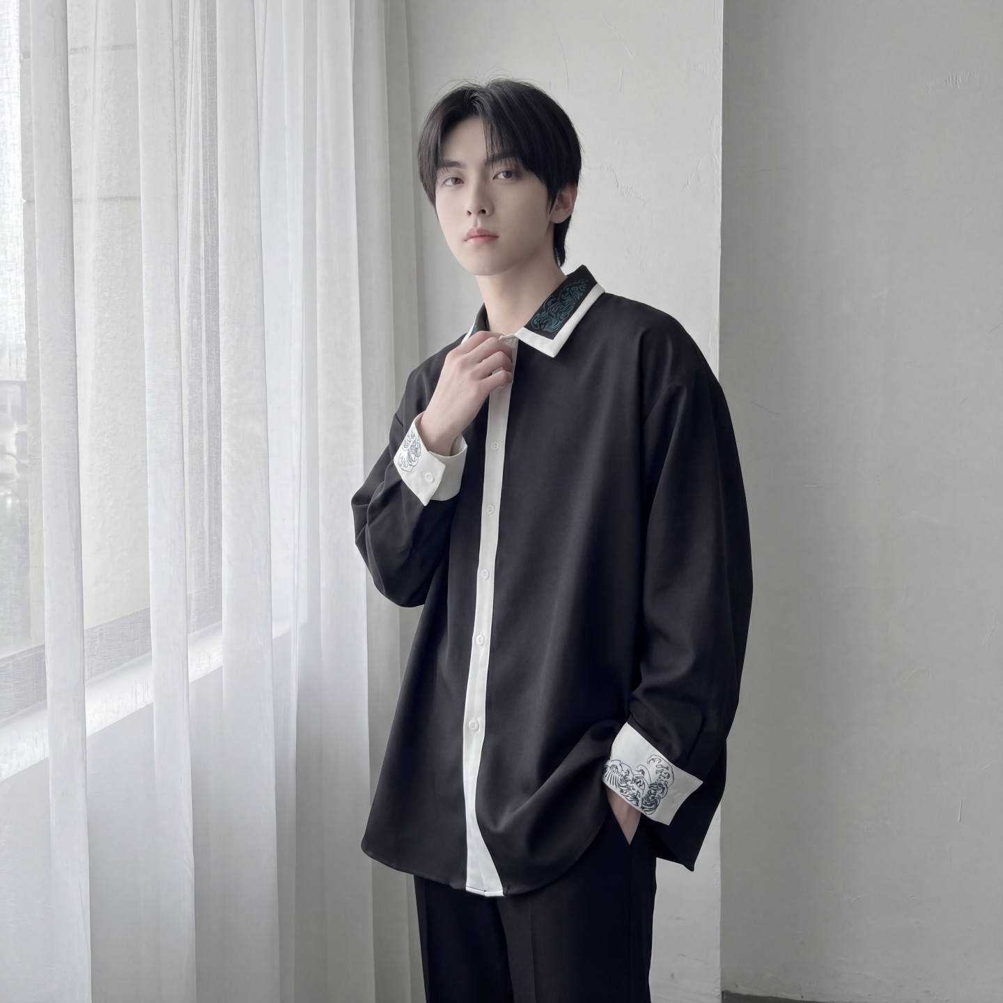 现货潮衬衫小众刺绣长袖衬衣新中式情侣外套DY877-P68，男装衬衫，星座1017