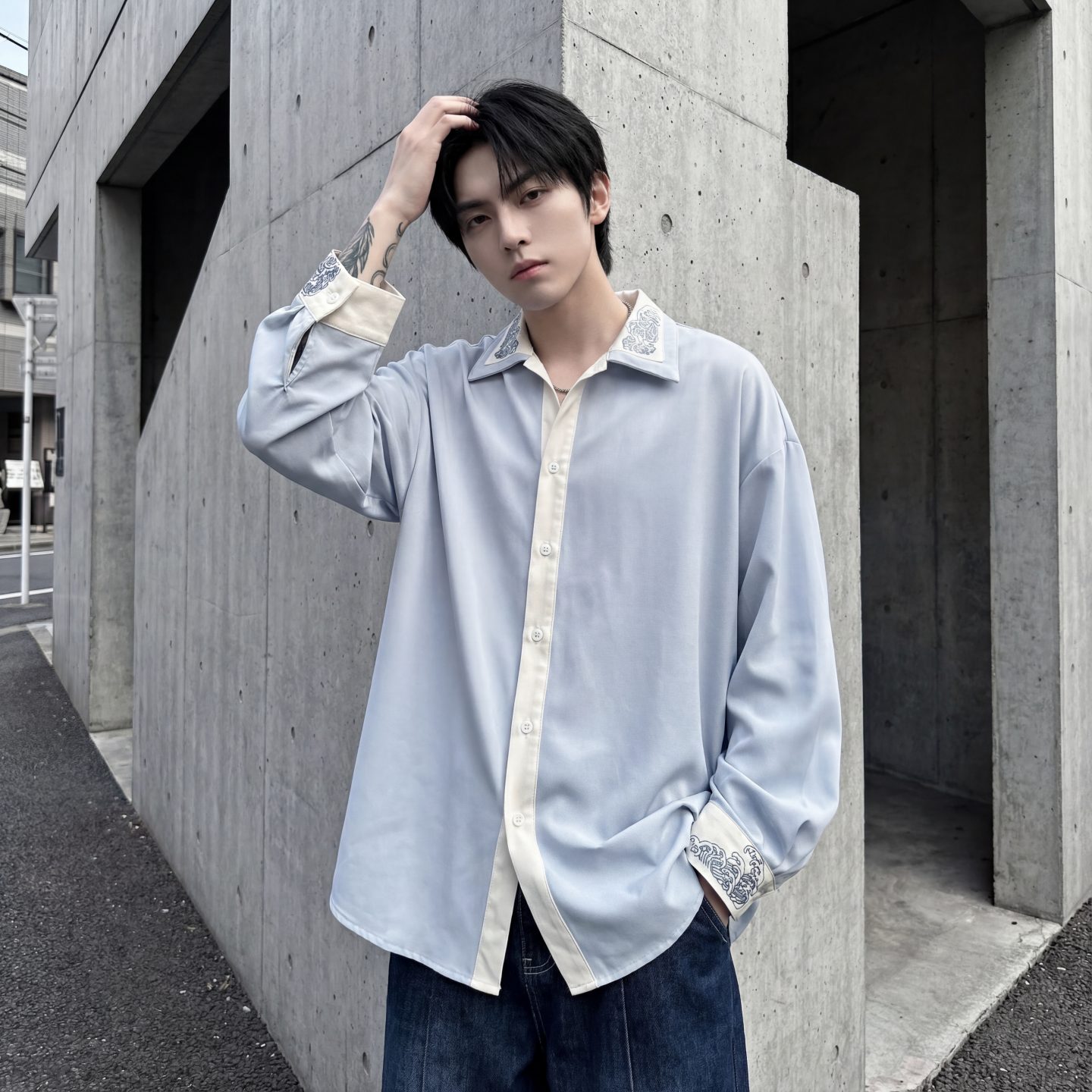 春款潮衬衫小众刺绣长袖衬衣新中式情侣外套DY877-P68，男装衬衫，星座1017