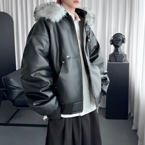 小众设计感可拆卸大毛领连帽PU皮外套休闲短款棉服潮 M9212-P148图片