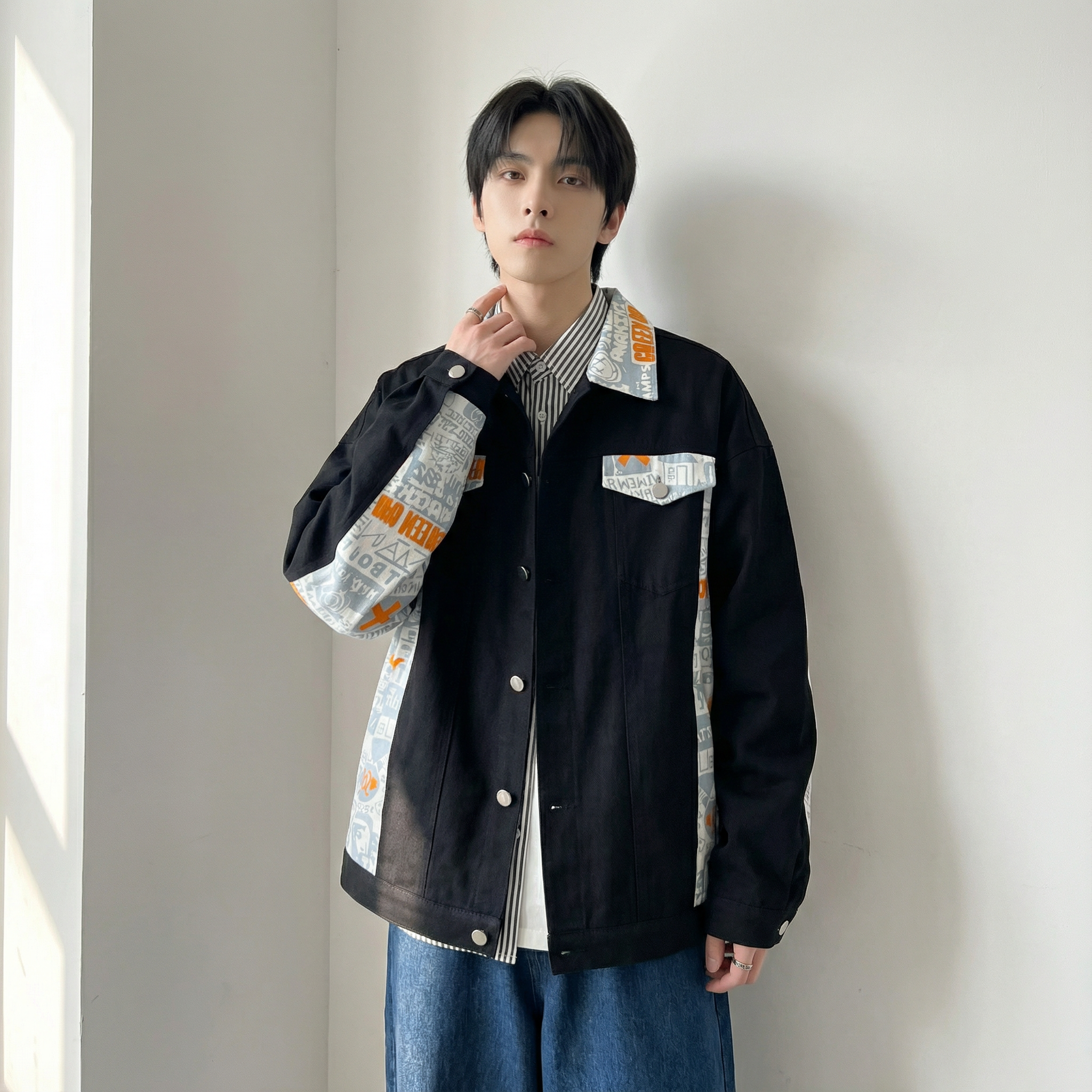 现货2026春季痞帅拼接设计感翻领夹克高级感潮流外套J24-P75，男装夹克，星座1017
