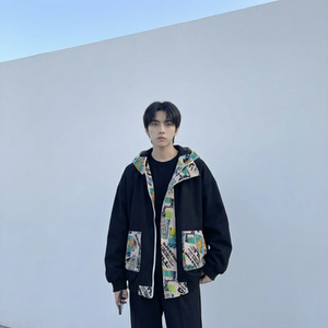 现货春款潮流涂鸦拼接夹克开衫连帽外套 WT23-P75 控96图片