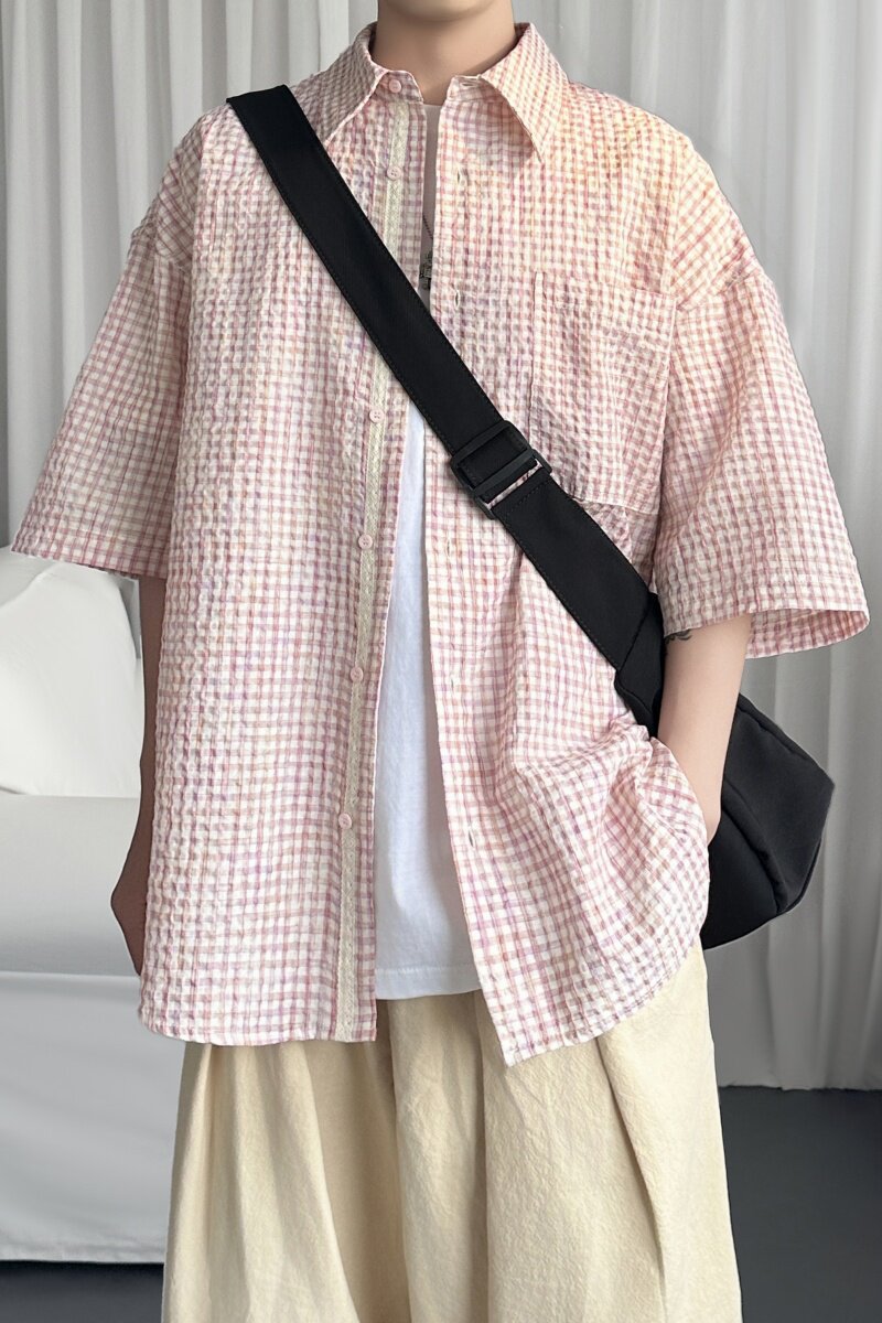肌理泡泡纱粉色格子短袖衬衫夏季男女格纹上衣S2053-P48,男装衬衫,星座1017