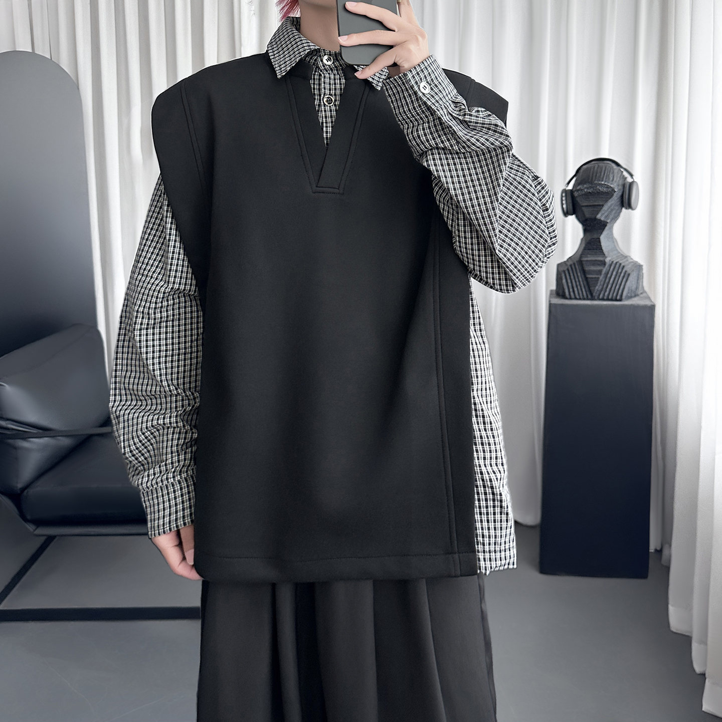 小众简约慵懒风上衣拼接格子马甲秋季新款假两件卫衣W1209-P78,男装背心/马甲,星座1017 小众简约慵懒风上衣拼接格子马甲秋季新款假两件卫衣W1209-P78,男装背心/马甲,星座1017