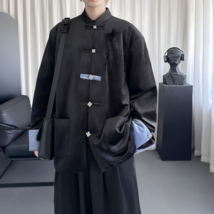 新中式黑色丝绒盘扣外套中山领休闲宽松西服外套男女 Y9591-P98图片