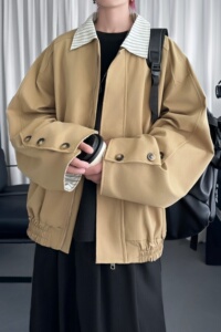条纹拼接翻领外套男女秋季宽松美式慵懒chic撞色夹克 R3605-P118图片